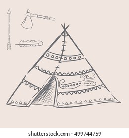 Authentic tepee for design card. North American Indian wigwam