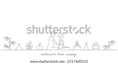 Authentic thai massage. Vector banner template with  icons for thai massage  and text space. Silhouette of a woman getting traditional thai  massage. EPS10