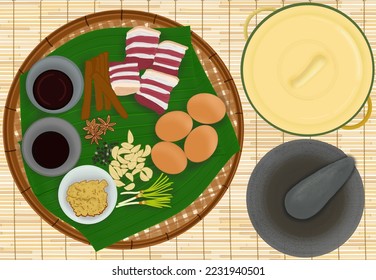 Authentic Thai Recipe Moo Palo Thai Pork Belly and Egg Stew, Essential Ingredients of Thai Cooking, Traditional Thai Ingredients with ancient pots and stone mortars On Bamboo Mat illustration vector