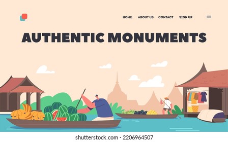 Authentic Thailand Trading Landing Page Template. Male Character Trader Floating on Boat Sell Fruits at Water Market. Salesman Sell Goods Float on Wooden Skiff. Cartoon People Vector Illustration