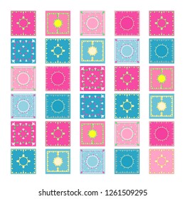Authentic tiles set pink, light blue, turquoise and orange colors with nature flowers ornate, greece motive decoration for web and print