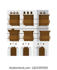 Authentic Traditional Arabian House Vector Illustration. Ancient Building Of Jeddah.