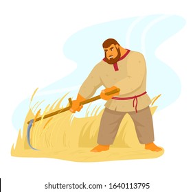 Authentic traditional strong peasant barefoot mows the grass with a hand scythe. Bogatyr in russian shirt character. Rural worker. Strong man. Harvesting rye. Cartoon vector illustration.
