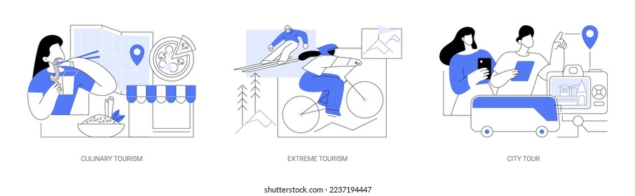 Authentic travel experience abstract concept vector illustration set. Culinary tourism, extreme sports, city tour, local cuisine, food festival, climbing mountains, sightseeing abstract metaphor.