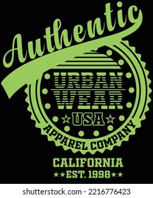 Authentic Urban Wear USA California EST 1998 typography vector t-shirt design.