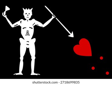 Autêntica ilustração vetorial da bandeira pirata de Barba Negra. Apresentando um esqueleto com chifres brindando e esfaqueando um coração sangrando com uma lança. Histórico antigo Jolly Roger em estilo vintage