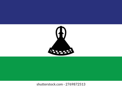 Authentic vector illustration of Lesotho national flag. Traditional african symbol mokorotlo displayed on tricolor background representing peace rain and prosperity for citizens.