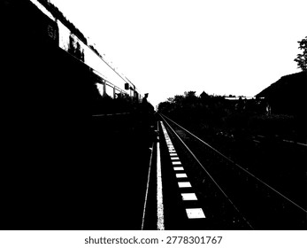 Authentic vector illustration of a train carriage and long railway tracks. Dramatic black and white silhouette perspective, perfect for travel, transport, and minimalist graphic design themes.
