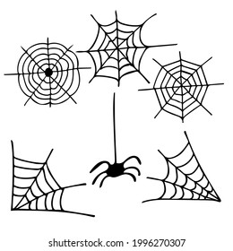An authentic vector set with webs and a spider. Hand-drawn sketch elements for Halloween design, greetings, invitations, advertising, prints, emblems and logos.