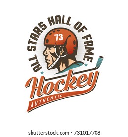 Authentic vintage hockey logo with player's head in retro helmet and inscriptions around.