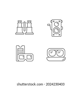 Authentic vintage linear icons set. Collectible binoculars. Old photo camera. Retro movie theater. Customizable thin line contour symbols. Isolated vector outline illustrations. Editable stroke