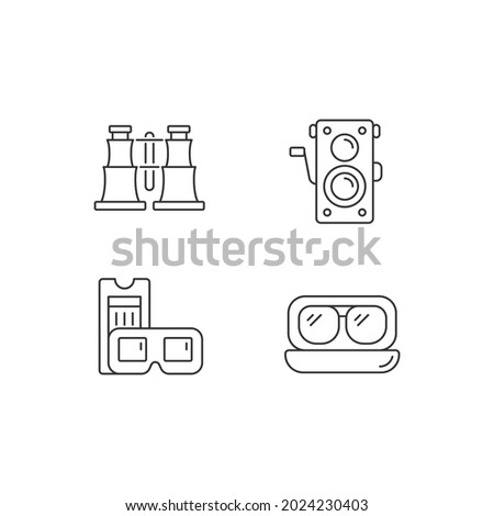 Authentic vintage linear icons set. Collectible binoculars. Old photo camera. Retro movie theater. Customizable thin line contour symbols. Isolated vector outline illustrations. Editable stroke