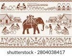 Authentic Warli tribal folk art illustration showcasing a decorated elephant at the center of a traditional pottery village. The panoramic composition features artisans shaping clay on pottery wheels, carrying handcrafted earthenware, displaying ceramic pots, and working around traditional village houses. Ornamental borders, floral motifs, and geometric tribal figures inspired by classic Warli folk art create a rich cultural narrative. The warm brown monochrome line art on a clean light background emphasizes handcrafted artistry, rural village life, and the harmony between elephants, people, and traditional craftsmanship. Ideal for pottery studios, ceramic branding, cultural heritage projects, educational materials, editorial illustrations, travel publications, greeting cards, packaging, textile prints, surface pattern design, wallpapers, and commercial stock illustrations.