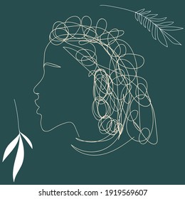 Authentic women line illustration. Vector art with female profile and leaves on a dark background