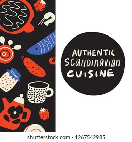 Authentical scandinavian cuisine. Menu template. Hand drawn illustration of different scandinavian food. Vector