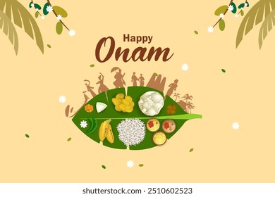 Authenticate South Indian food preparation for Happy Onam celebration in vector