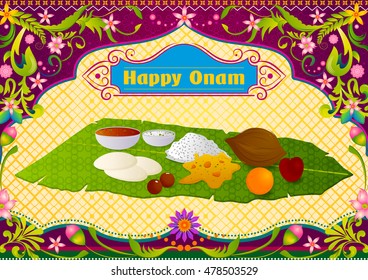 Authenticate South Indian food preparation for Happy Onam celebration in vector