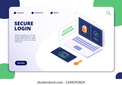 Authentication and authorization. Duo internet identity, safety multi password. Authentic isometric 3d vector concept