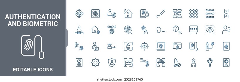 Colección de iconos de líneas biométricas y de autenticación. Icono de interfaz de usuario minimalista en un diseño plano. Buena colección de íconos para la identificación y verificación. Paquete de iconos de contorno delgado.