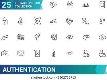 Authentication and Biometric Related Vector Line Icon set. Collection and pack of linear web and ui icons. Editable stroke. Vector illustration.