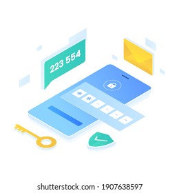 Authentication code illustration isometric style. Illustration for websites, landing pages, mobile applications, posters and banners.