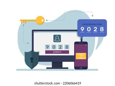 Authentication code illustration for site. Verification pin code, security code message notification, two step authentication in control system for personal account and banking