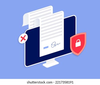 Authentication failed. Access denied or rejected. Signing document procedure online on computer. Electronic technology in business, financial, law. Protection of information flat vector illustration