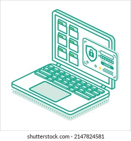 Authentication Form on Laptop Screen. Vector Illustration. Window with Folders. Account Login Form with Username and Password Fields. Protected Access. Sign in to Account. Cyber Security Concept.