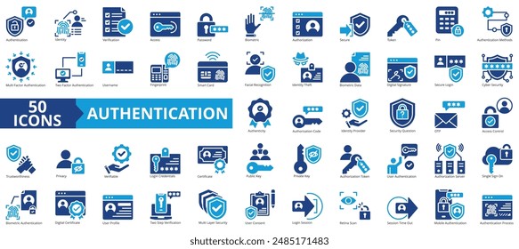 Icono de autenticación colección establecida. Conteniendo identidad, verificación, acceso, Contraseña, biométrico, autorización, ícono seguro. Simple Ilustración vectorial plana.