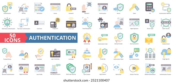 Authentication icon collection set. Containing identity, verification, access, password, biometric, authorization, secure icon. Simple flat color illustration.