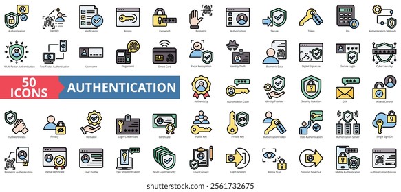 Authentication icon collection set. Containing identity, verification, access, password, biometric, authorization, secure icon. Simple flat outline color illustration