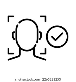 Icono de autenticación. Escaneo facial con marca de verificación. Estilo de esquema. Vector. Aislar sobre fondo blanco.