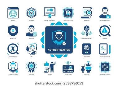 Conjunto de iconos de autenticación. Artefacto, Verificación, Prueba, Auténtica, Genuino, Identidad, Certificado Digital, Sitio web. Iconos sólidos de color duotono