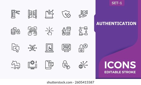Authentication icon set. Contains such symbols as access, identity, control, security, biometric and more. Access Control icon collection. Outline icons pack. Minimalist editable stroke vector art.