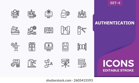 Authentication icon set. Contains such symbols as access, identity, control, security, biometric and more. Access Control icon collection. Outline icons pack. Minimalist editable stroke vector art.
