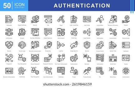 Conjunto de ícones de autenticação com ícones para segurança, acesso biométrico, autorização, criptografia e proteção de identidade digital. Ideal para segurança cibernética, sistemas de login e autenticação segura.