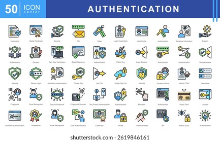 Authentication icon set featuring icons for security, biometric access, authorization, encryption, and digital identity protection. Ideal for cybersecurity, login systems, and secure authentication.