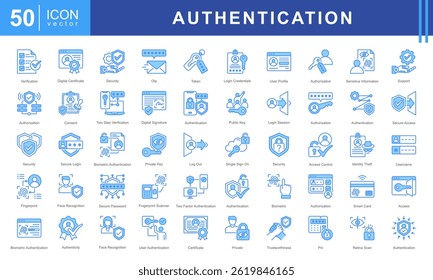 Authentication icon set featuring icons for security, biometric access, authorization, encryption, and digital identity protection. Ideal for cybersecurity, login systems, and secure authentication.