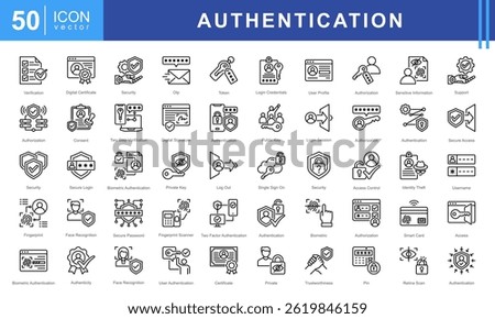 Authentication icon set featuring icons for security, biometric access, authorization, encryption, and digital identity protection. Ideal for cybersecurity, login systems, and secure authentication.
