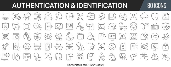 Colección de iconos de línea de autenticación e identificación. Un gran icono de interfaz de usuario en un diseño plano. Paquete de iconos de contorno delgado. Ilustración del vector EPS10