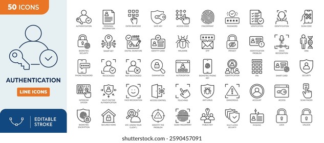 Authentication line editable icon set. Containing identity, verification, access, password, biometric, authorization, secure, and more. Vector illustration