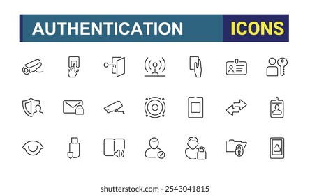 Conjunto de iconos de línea de autenticación. Relacionado con el control de acceso, Identificación, autorización, autenticidad, biométrico y más. Diseño de icono aislado. Vector símbolo editable trazo.