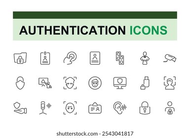 Conjunto de iconos de línea de autenticación. Relacionado con el control de acceso, Identificación, autorización, autenticidad, biométrico y más. Diseño de icono aislado. Vector símbolo editable trazo.