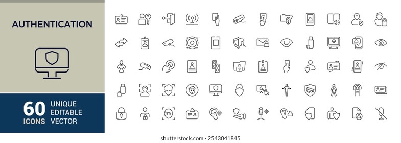 Authentication line icons set. Related to access control, identification, authorization, authenticity, biometric and more. Isolated icon design. Vector symbol editable stroke.