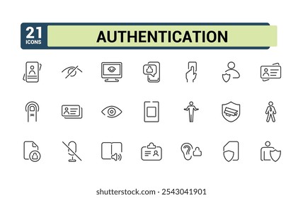 Authentication line icons set. Related to access control, identification, authorization, authenticity, biometric and more. Isolated icon design. Vector symbol editable stroke.