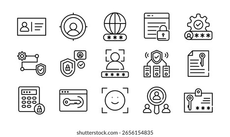 Authentication linear icon set. Password, security, lock, privacy, login, access, identity, user, cyber, encryption, firewall, verification, digital protection, vector icon set. UI thin line icon pack