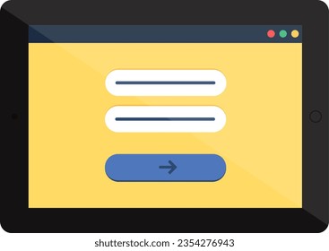 Página de autenticación que ingresa al sitio web de acceso y contraseña en tablet con marco negro. Menú de página web en la pantalla del dispositivo digital. Icono de vector plano simple aislado en fondo blanco