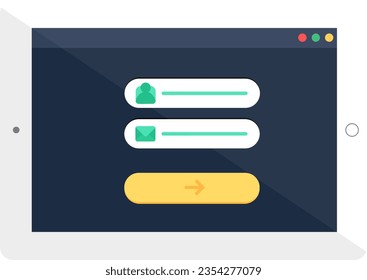Página de autenticación que ingresa al sitio web de acceso y contraseña en tableta digital con marco gris. Menú de página web en la pantalla del dispositivo digital. Icono de vector plano simple aislado en fondo blanco