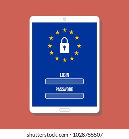 authentication page on digital tablet screen with gdpr protection sign