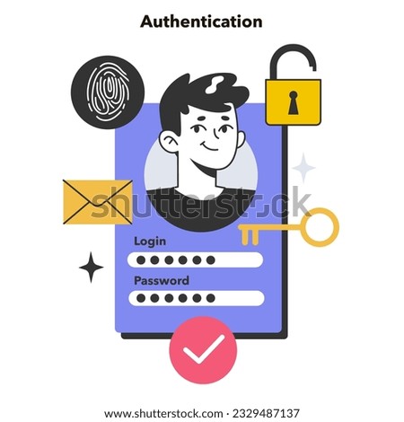 Authentication. Profile and account security. Login and password verification. Protection of personal data. Digital technology of user identification. Flat vector illustration